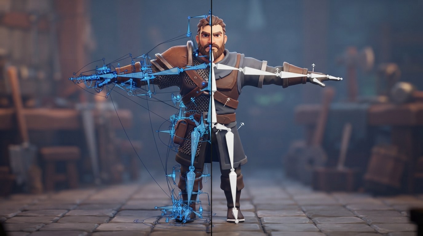 Split-screen comparison of a stylized game character: left side shows expensive manual rigging with dense control curves, right side shows an AI-generated skeleton overlay.