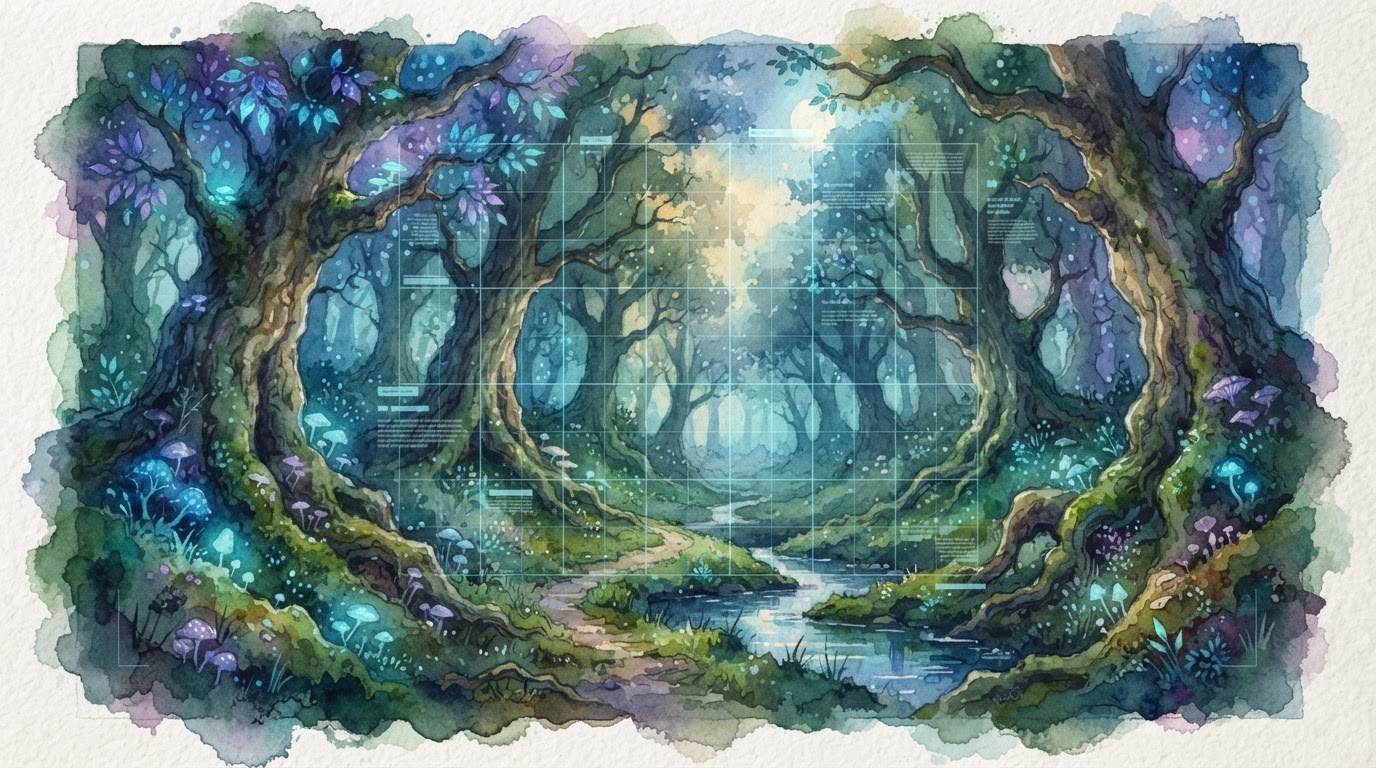 Transparent watermark grid overlaying a vibrant fantasy landscape painting on a display, alongside a contract document with provenance tags.