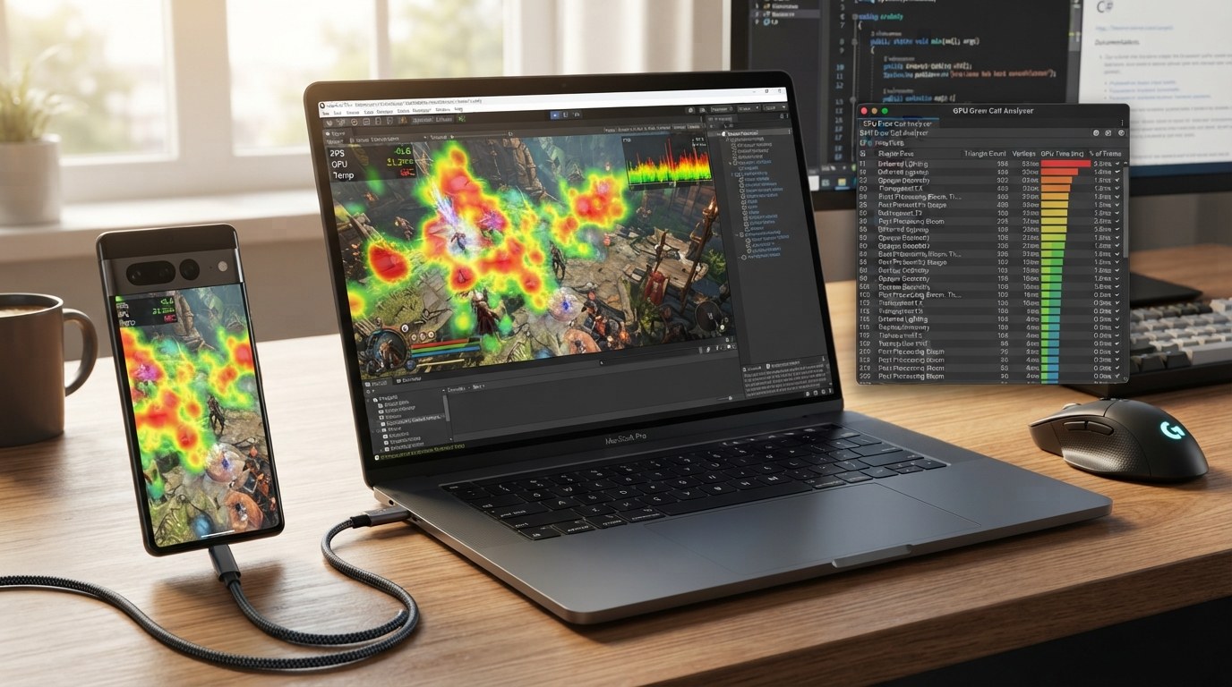 On-device profiling session correlating Hardware counters with Frame Debugger draw states.