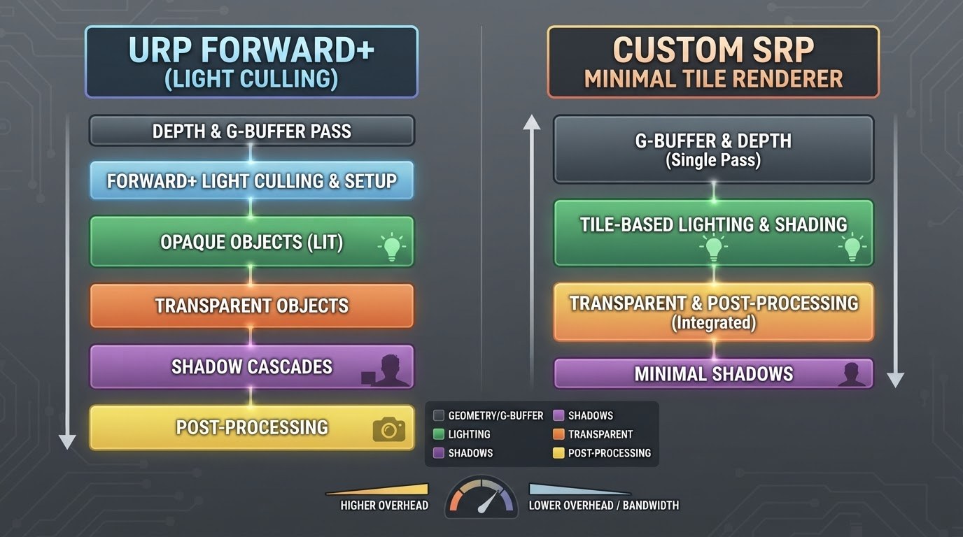 URP Forward+ vs Mobile-native render graph paths through the frame with pass costs highlighted.