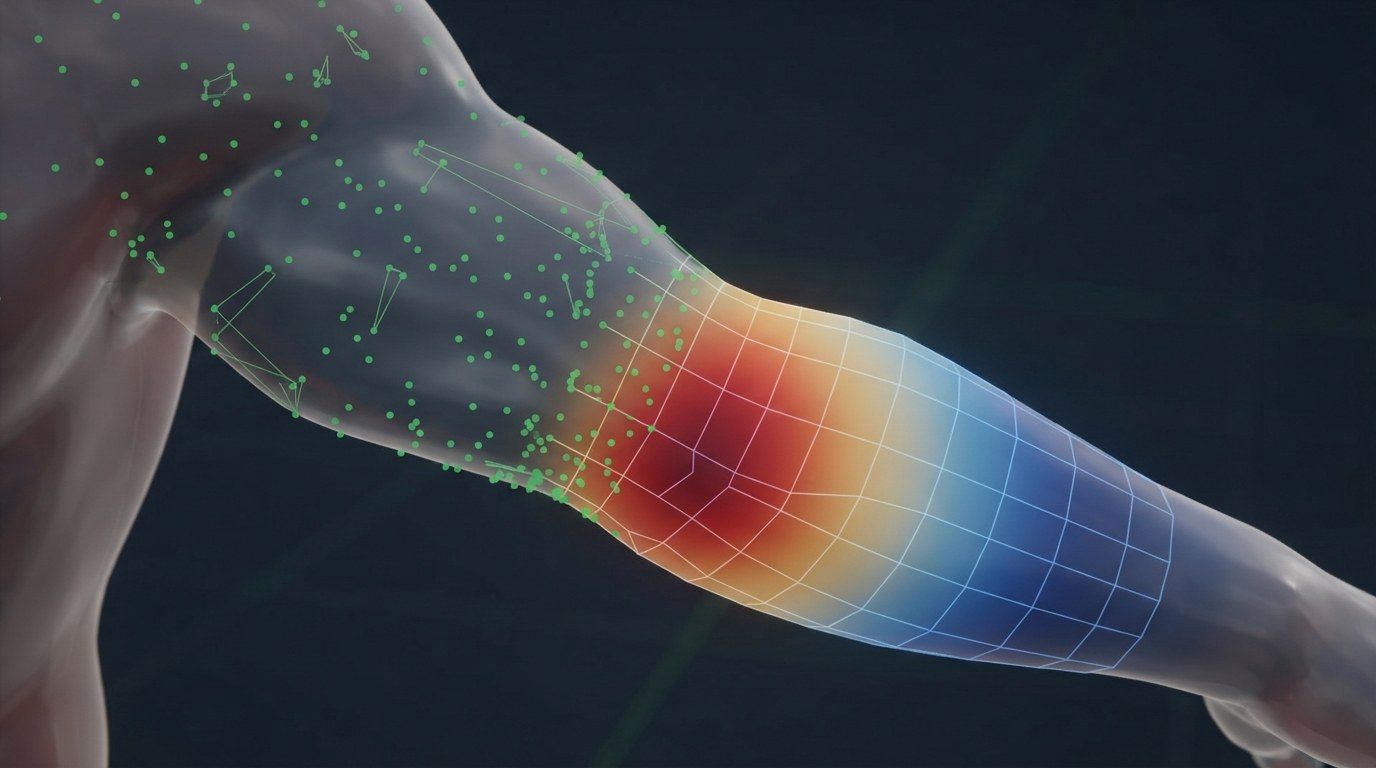 Wireframe breakdown of point cloud conversion into quad-based topology with automatically painted weight maps visible on the forearm.