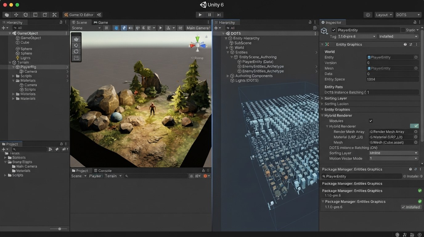 DOTS authoring flow from GameObject conversion to Entities Graphics with GPU Resident Drawer toggle.