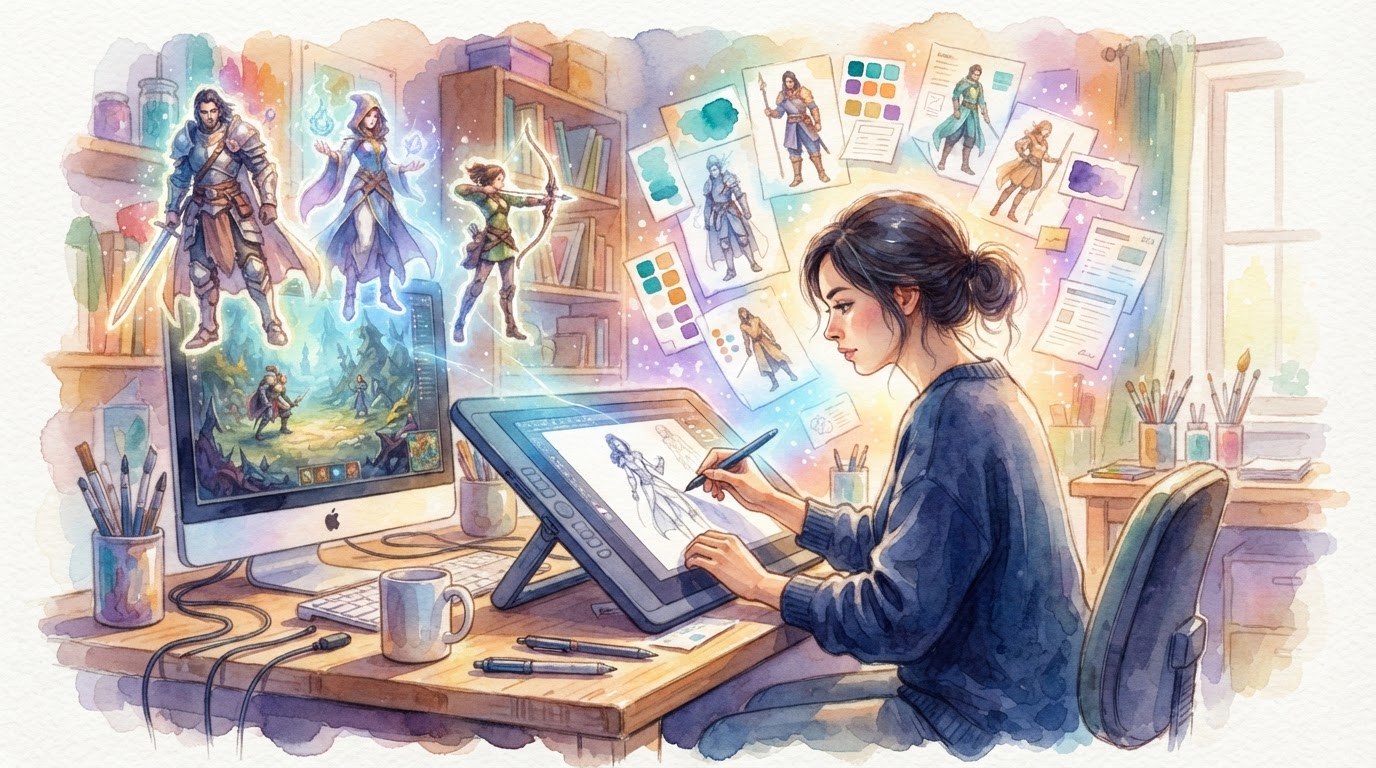 A hybrid art studio workspace with a designer sketching on a tablet while an AI interface projects holographic concept variations onto the desk, soft morning light.