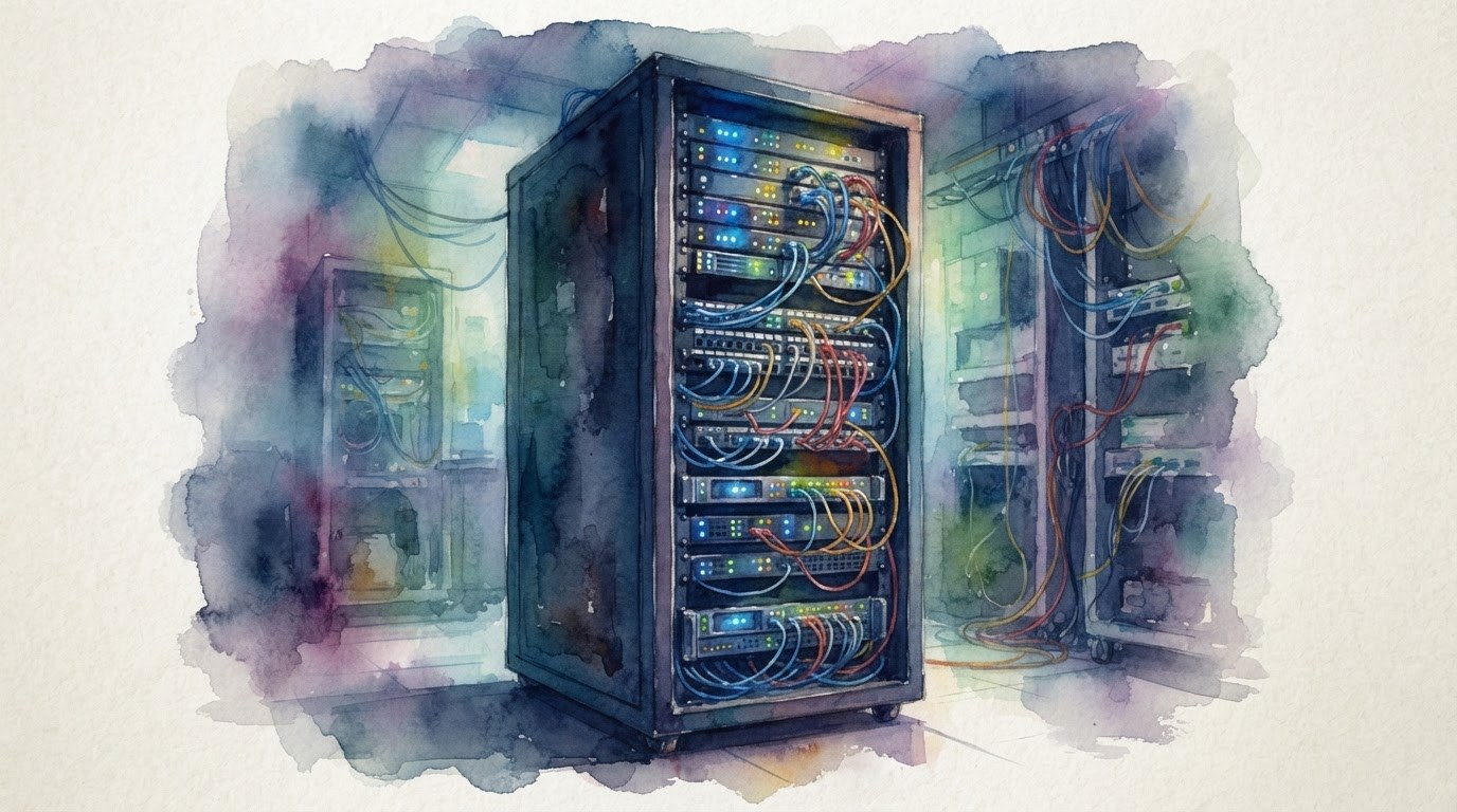 Server rack in a secure room displaying access control logs and encrypted data pipelines for private model training, cool blue lighting.